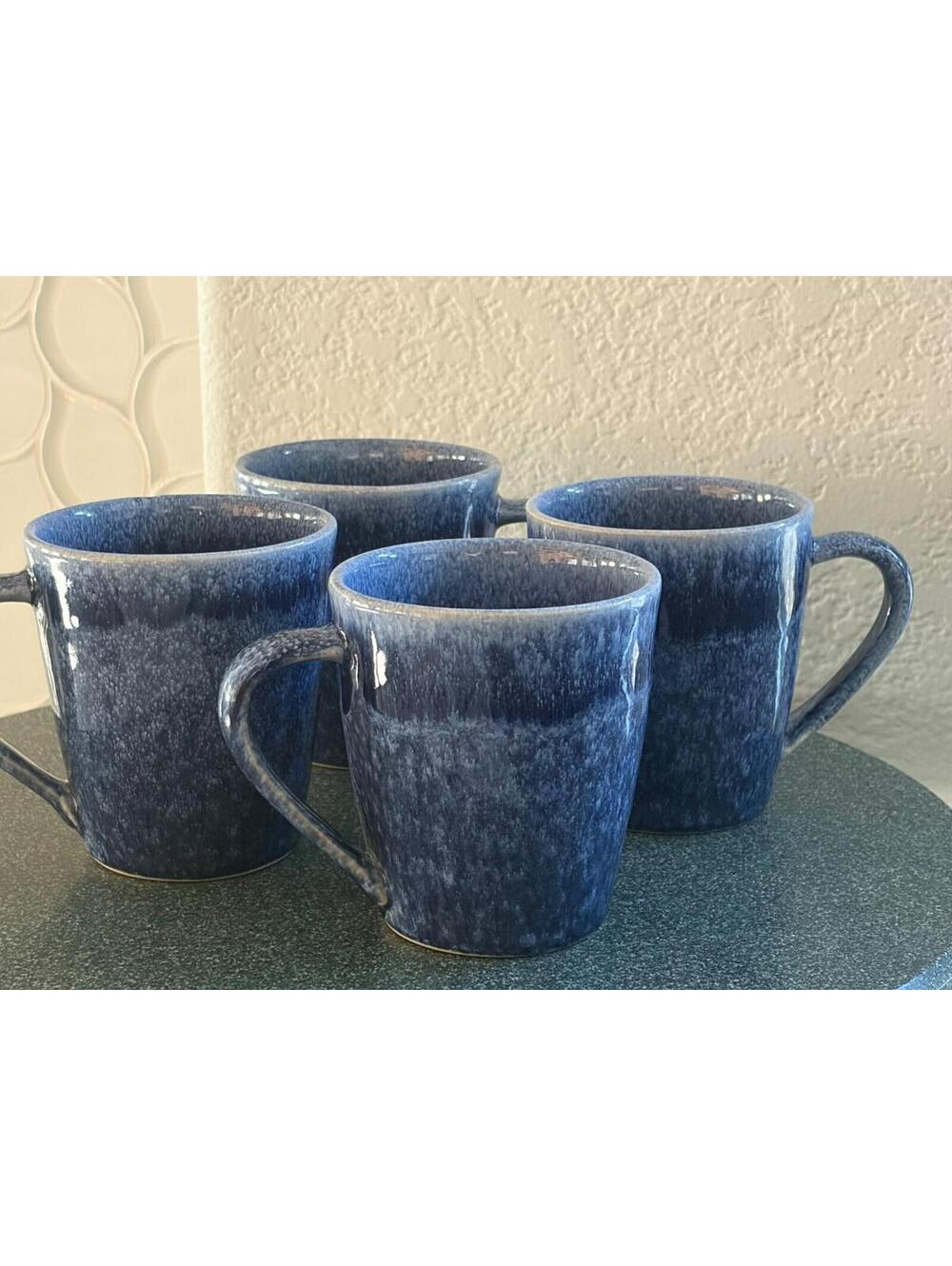 Set 4 Williams Sonoma Cyprus Blue Reactive Glaze Pottery Mugs Portugal Hand Made